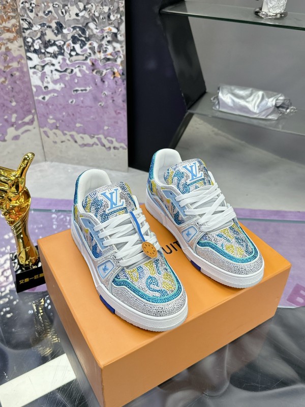 2025 Unisex Louis Vuitton Blue Yellow White Leather Denim Plimsolls Handcrafted Rhinestone AS00400