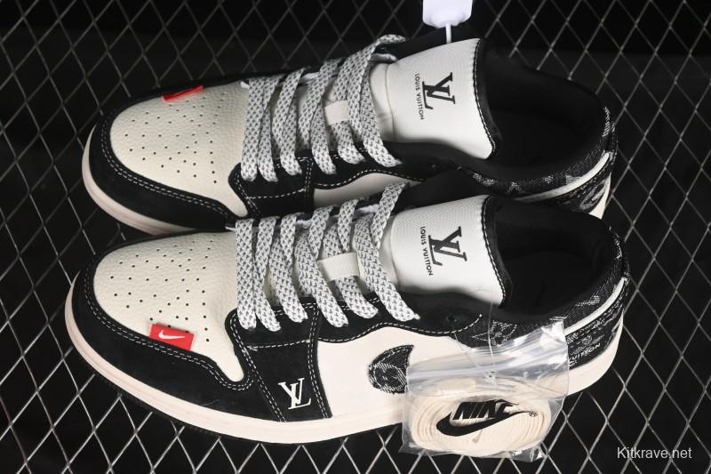 Nike Air Jordan 1 Low AJ1 LV Collaboration Black Fabric Red Label High-End Custom Low-Top Retro Basketball Shoes - YX5066-369