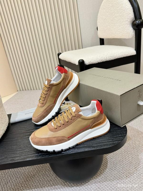 2025 Unisex Brunello Cucinelli Beige Brown Red Calfskin Mesh Sneakers AS00320
