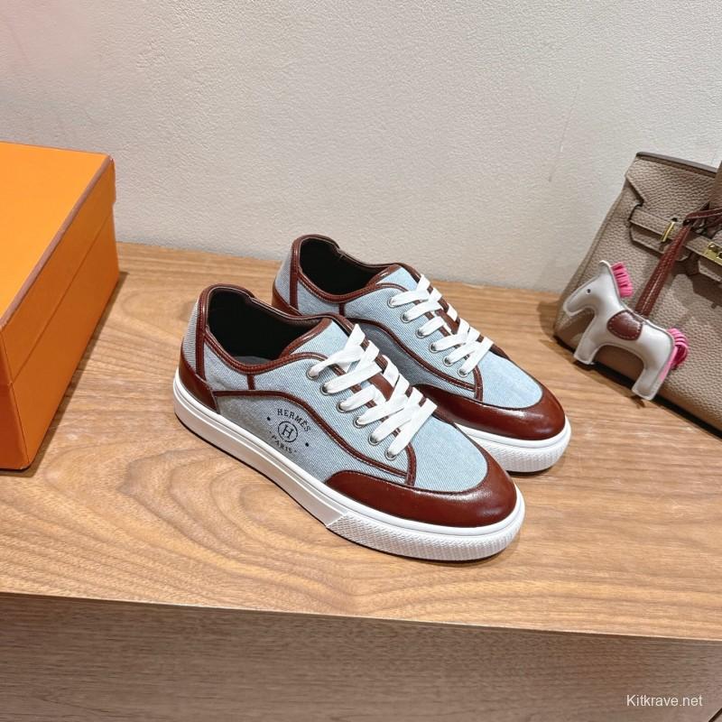 2025 Unisex H Brown Blue Leather Knit Sneakers AS00380