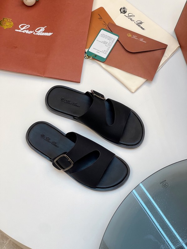 2025 Men Loro Piana Black Leather Slippers Buckle AS00250