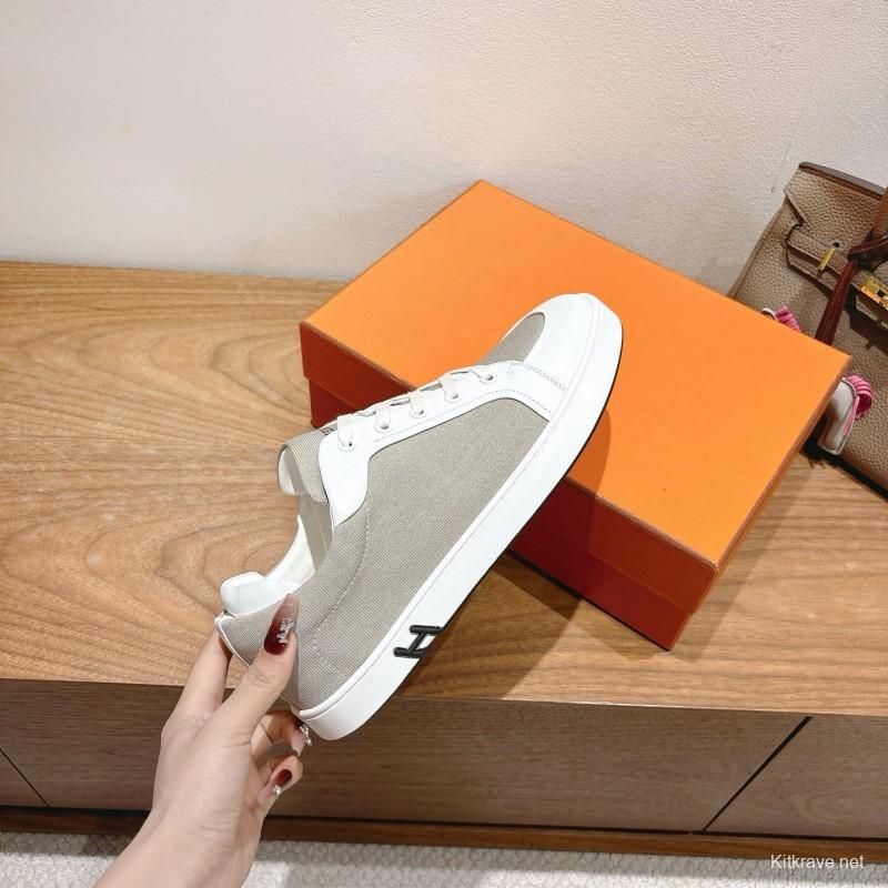2025 Unisex Hermès White Light Grey Leather Fabric Sneakers AS00380