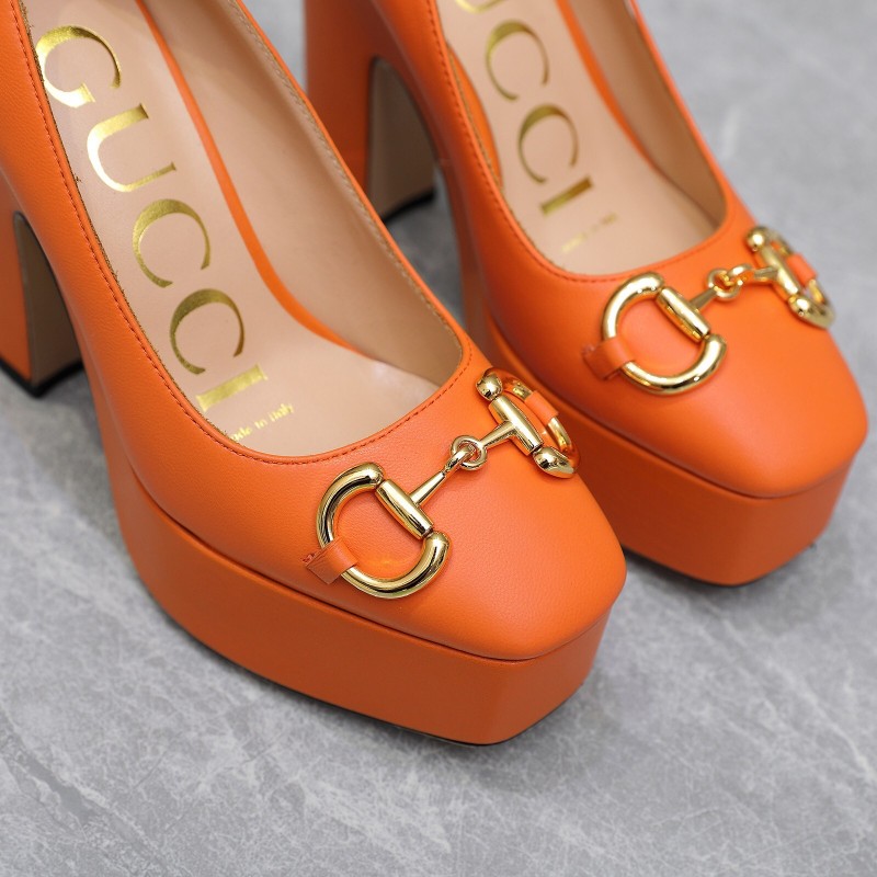 2025 Women Gucci Orange Leather Platform Pumps KFY00320