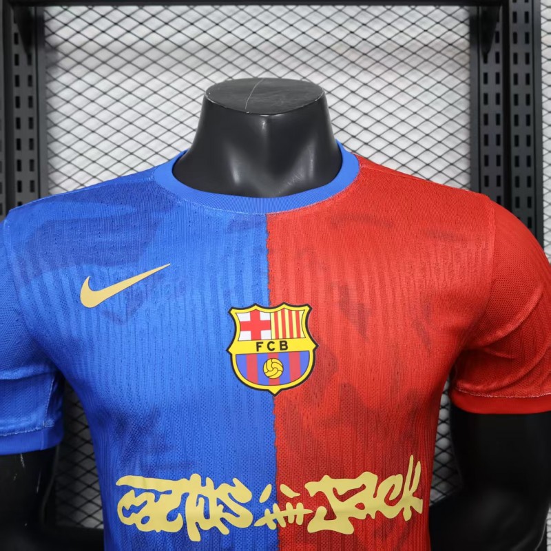 Player Version 25/26 Barcelona Travis Scott Blue with Red Half Split Jersey