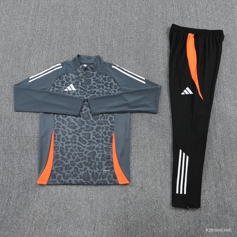 2025 Adidas Dark Grey & Black with Leopard Print Pattern and Orange Accents Half Zipper Jacket +Long Pants