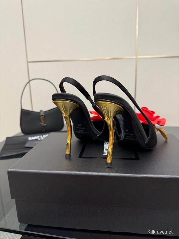 Saint Laurent 2025 SS Rose Thorn High Heels with Sculptural Gold Heel - KFY00320