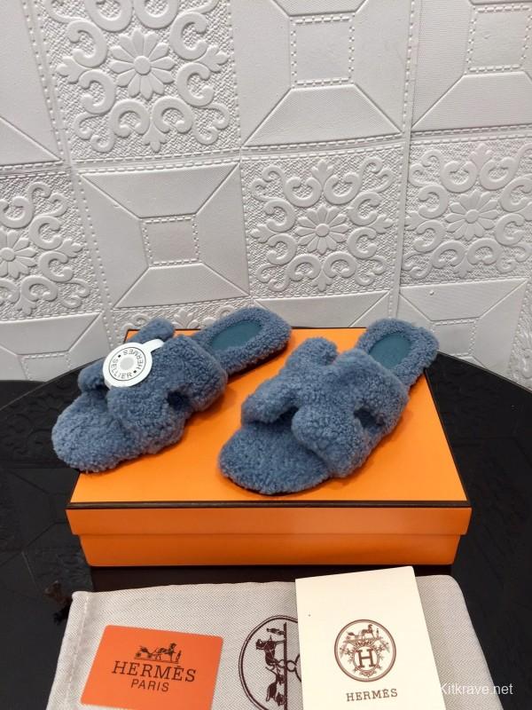 H Teddy Wool H Slippers Flat Sole Autumn Winter - LY00240
