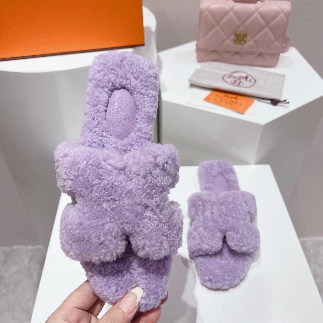 Hermès 2025 SS Teddy Wool H Slippers Flat Fur Slippers - LY00240