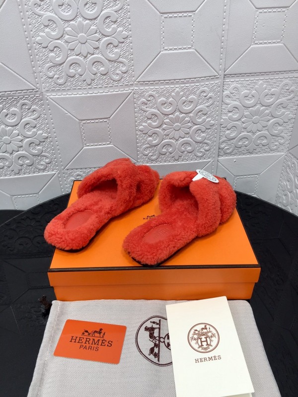 H Teddy Wool H Slippers Flat Sole Fur Slides - LY00240