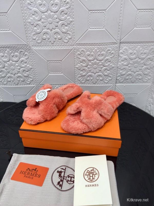 H Teddy Wool H Slippers Flat Sole Winter Home Shoes - LY00240