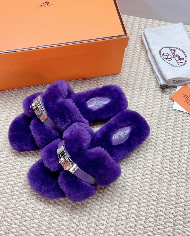 Hermès 2025/SS Teddy Wool H Slippers Flat Fur Slides - LY00260/230