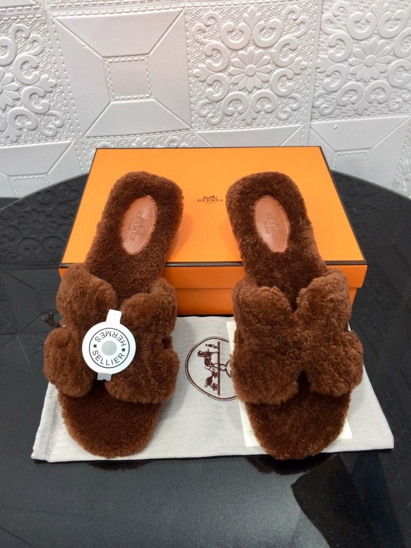 H Teddy Wool H Slippers Flat Sole Winter Fur Slippers - LY00240