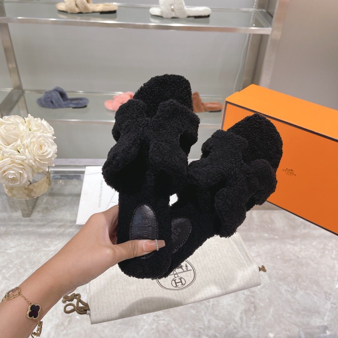 H Teddy Wool H Slippers Flat Sole Autumn Winter - LY00240