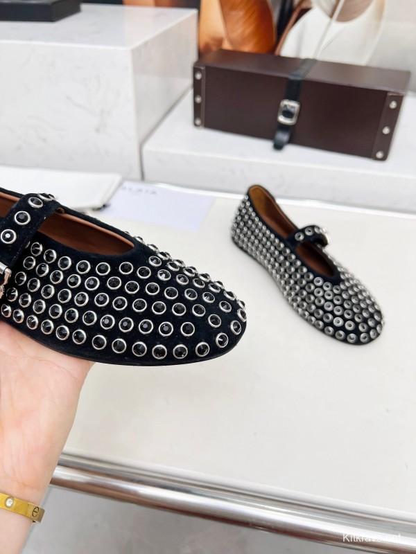 Alaia 2025/SS Crystal-Studded Ballet Dance Shoes with Inner Cushioning and 0.8CM Height Increase - LY00340