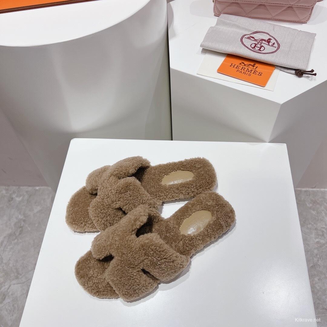 Hermès Teddy Wool H Slippers Flat Fur Slides - LY00240