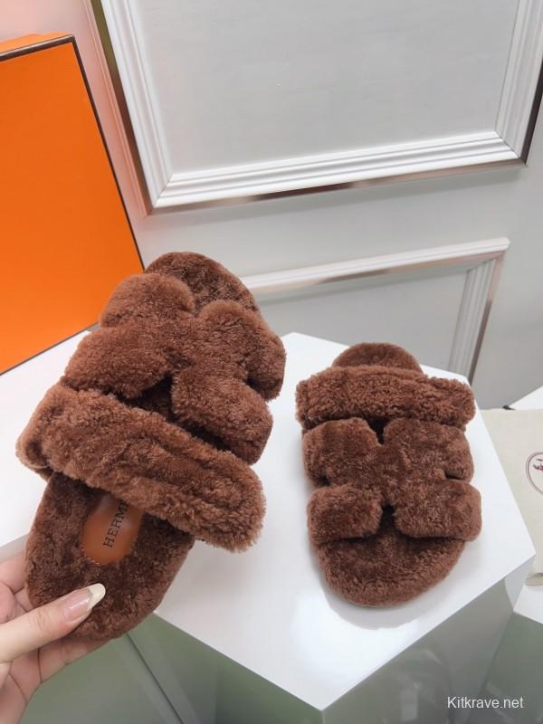 H Erjia Wool Slippers with Genuine Fur and TPU Sole - LY00270