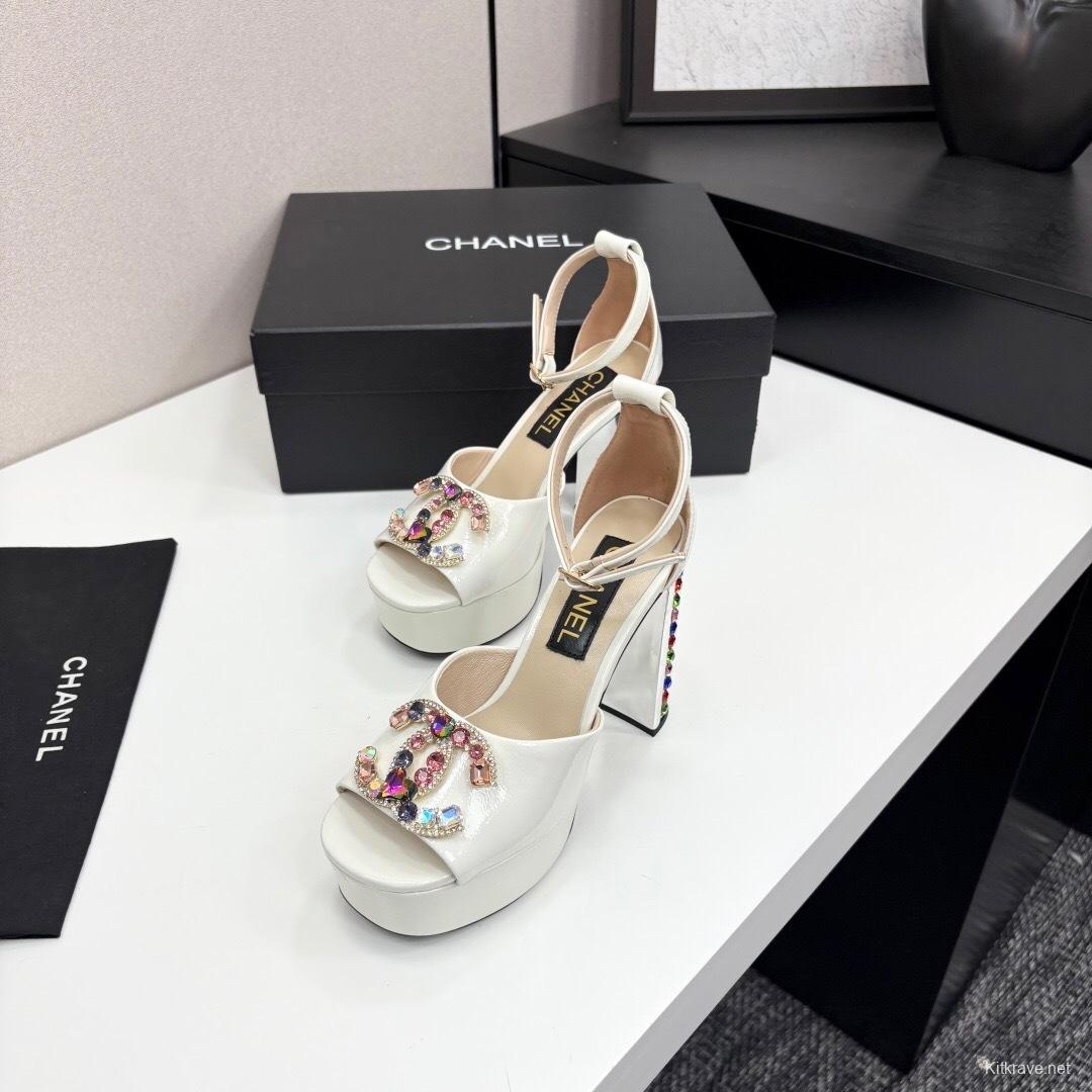 Chanel 2025/SS Glamorous Rhinestone Chunky Heel Platform Strappy Sandals - KFY00350