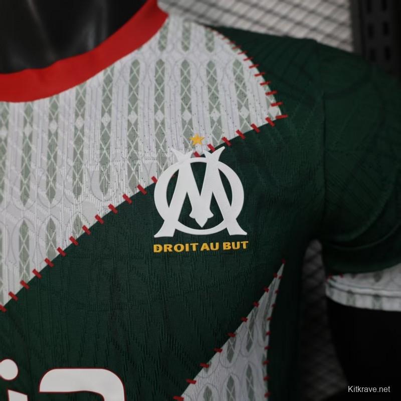 25/26 Player Version Marseille White and Green with Vertical Stripe and Dot Pattern Jersey