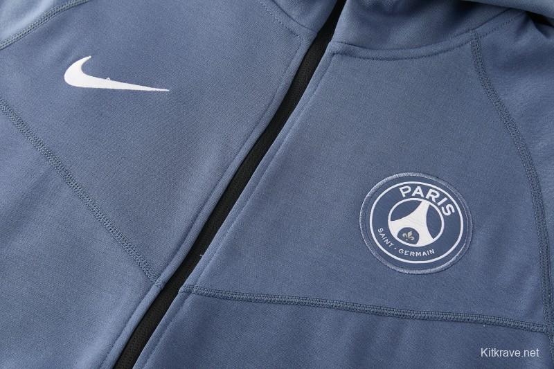26/27  Paris Saint-Germain Steel Blue Full Zipper Hooded Jacket Tracksuit + Long Pants
