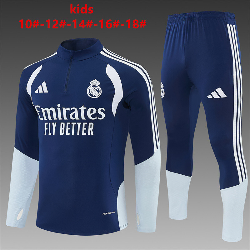 26/27 Kids Real Madrid Away Navy Blue Half Zipper Jacket Tracksuit + Long Pants