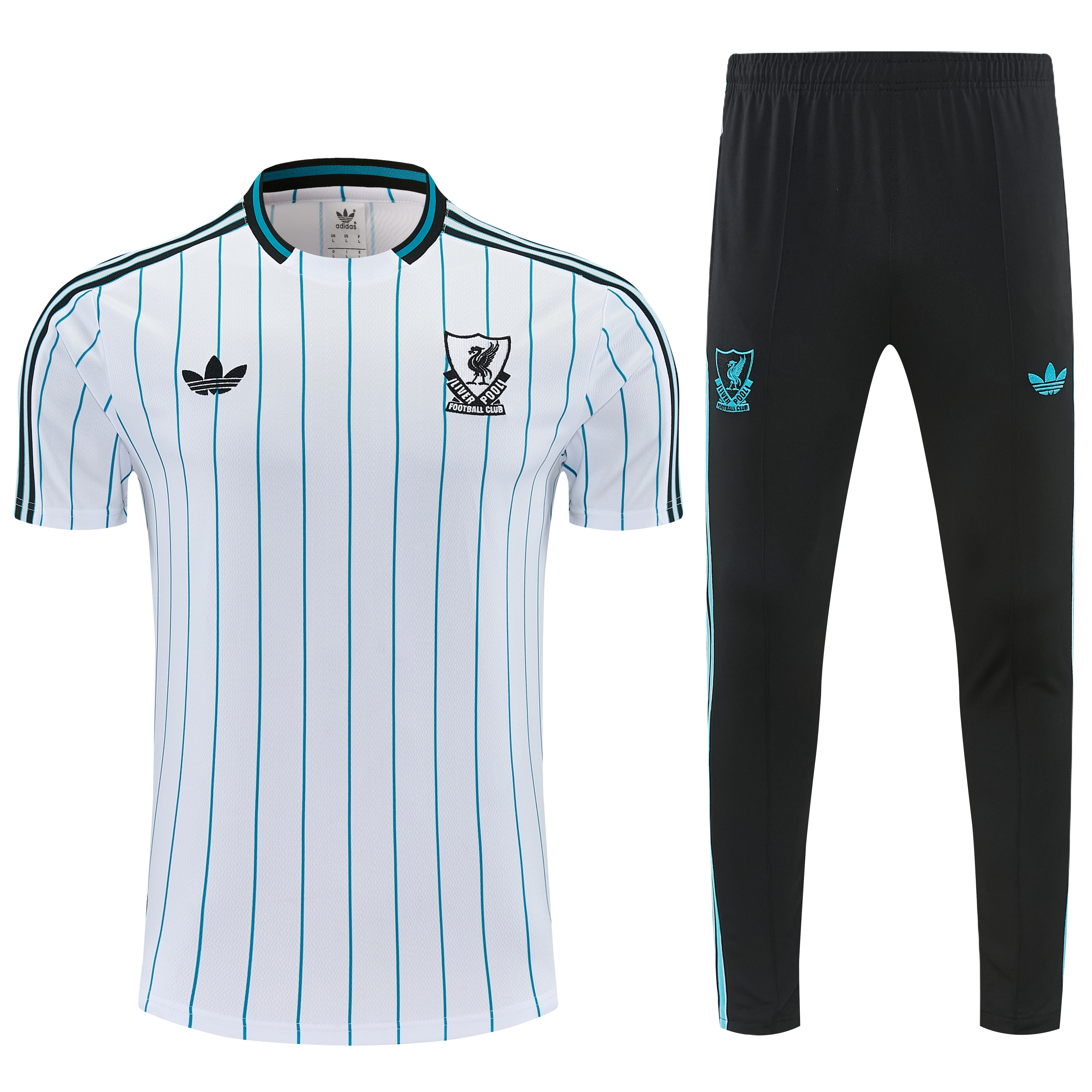 26/27 Liverpool White with Teal Pinstripe Short Sleeve Tracksuit + Long Pants
