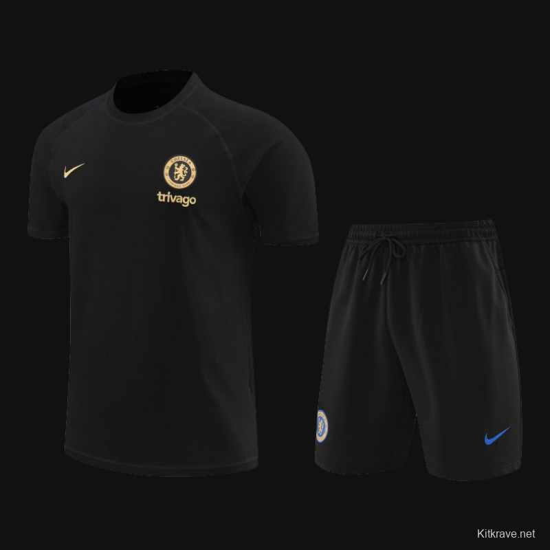 23/24 Chelsea Black Cotton Short Sleeve Jersey+Shorts