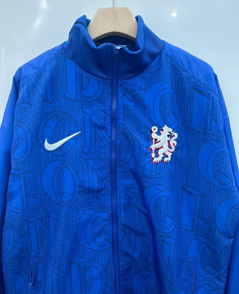 25/26 Chelsea FC Blue with All-Over London Text Pattern Full Zipper Windbreaker
