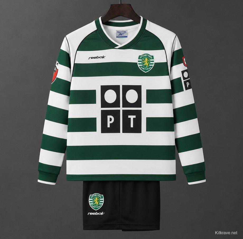 Retro Kids 01/03 Sporting CP White Green Home Long Sleeve Jersey