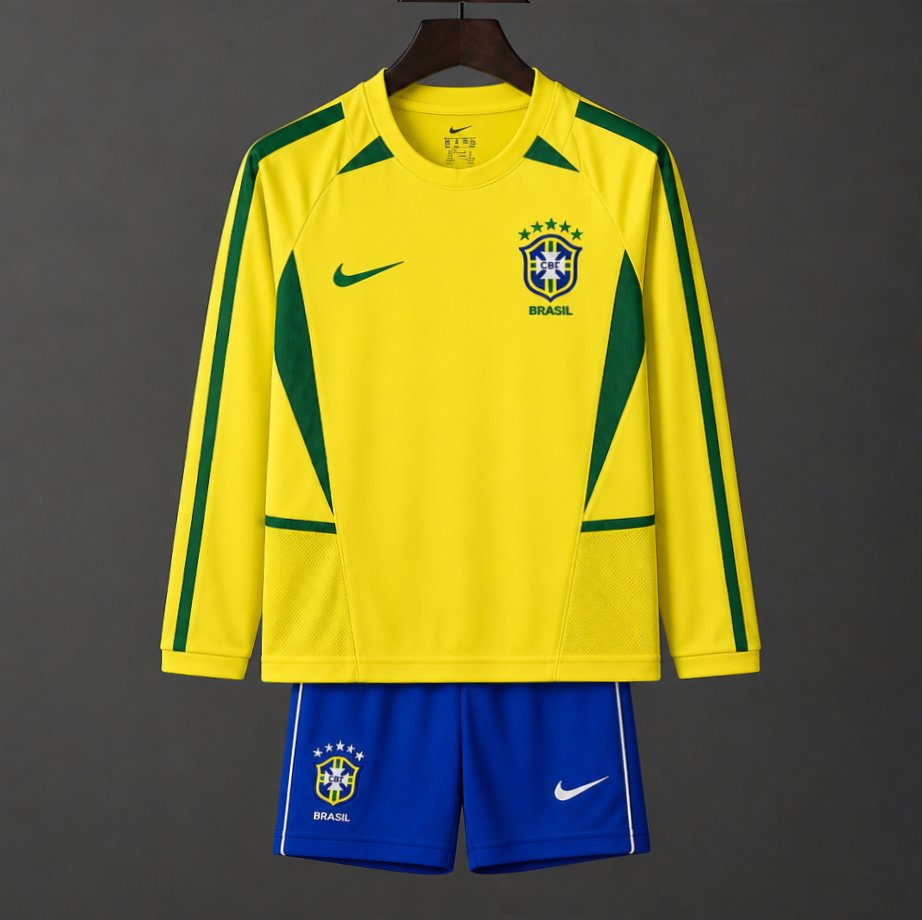 Retro Kids 2002 Brazil Home Long Sleeve Jersey