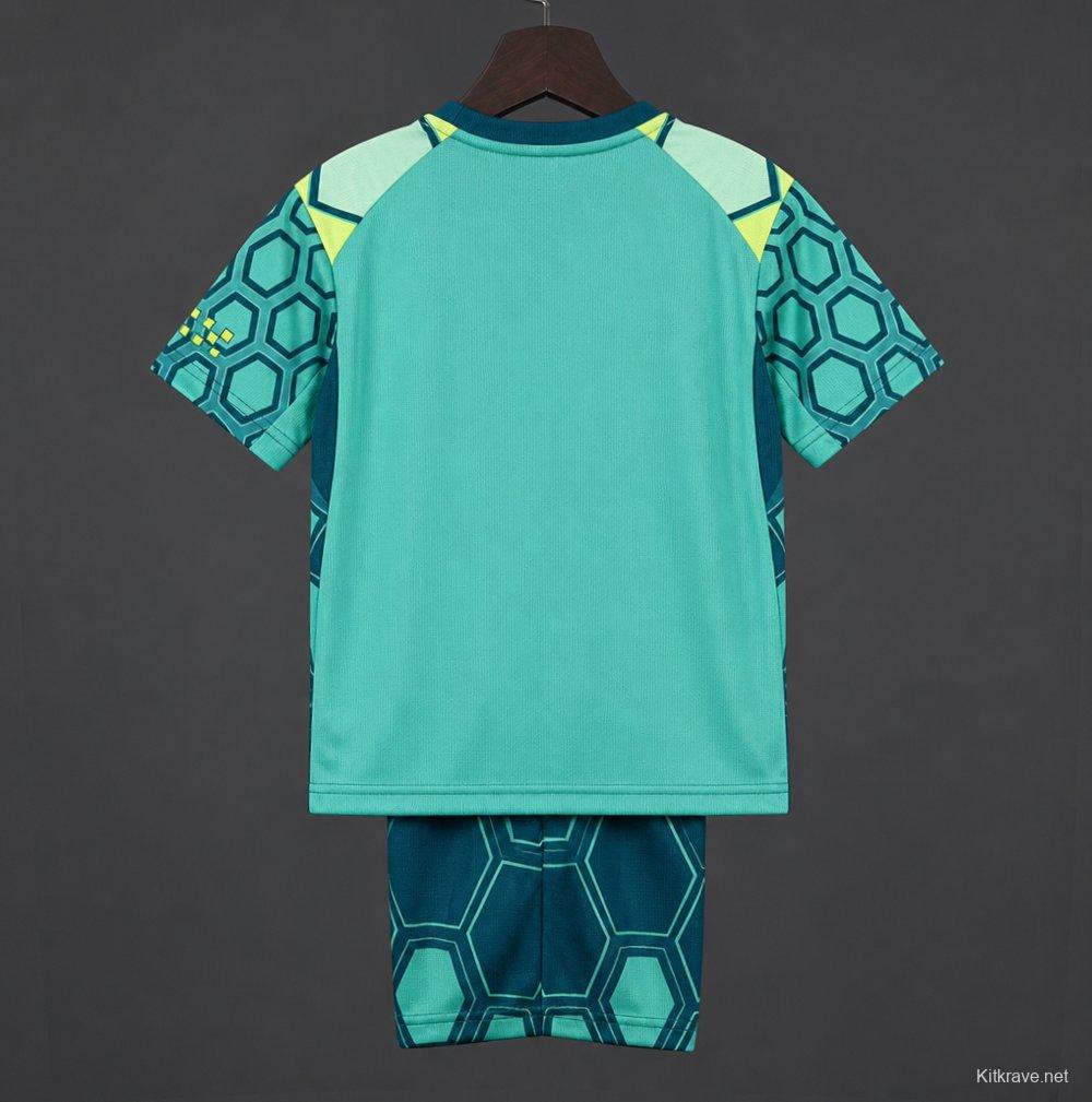 26/27 Kids Manchester City Vibrant Green Goalkeeper Jersey With Dark Blue Geometric Pattern.