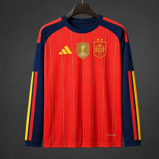 2 Star 2026 Spain Home Long Sleeve Jersey With Champion Patch